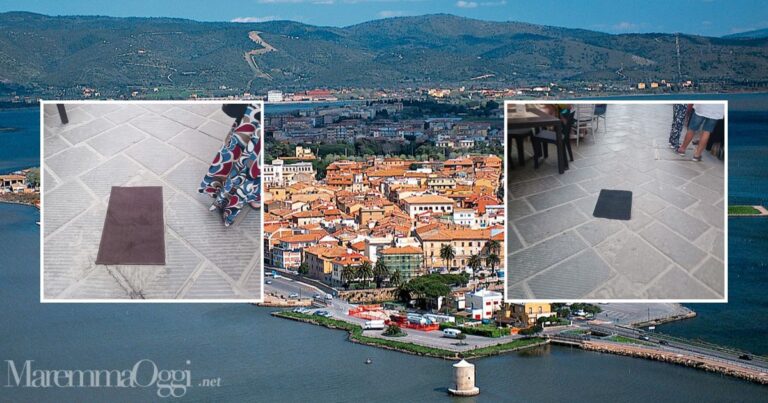 Una veduta di Orbetello e le foto dei tombini coperti per evitare i miasmi