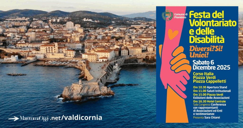 Il comune di Piombino e la locandina della Festa del volontariato e delle disabilità