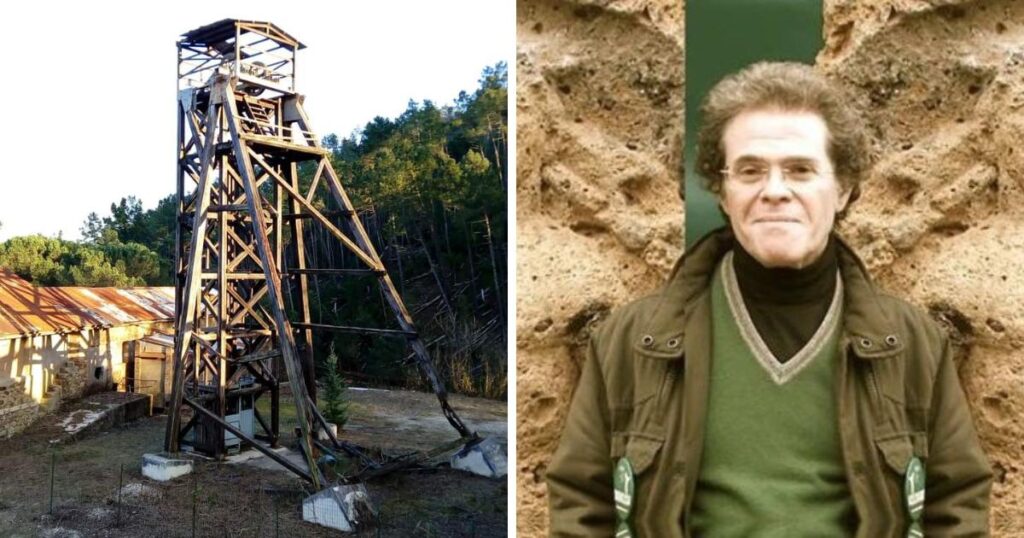 A destra il presidente del Comitato Lido Santini, Diego Accardo. A sinistra uno dei pozzi minerari vicino a Niccioleta (GR)