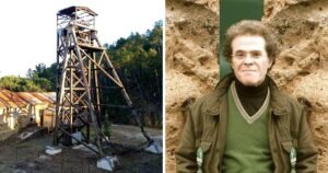 A destra il presidente del Comitato Lido Santini, Diego Accardo. A sinistra uno dei pozzi minerari vicino a Niccioleta (GR)