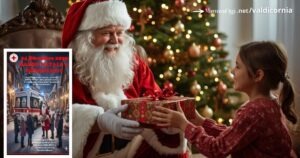 Un'immagine della consegna di un dono di Babbo Natale e la locandina della Croce Rossa