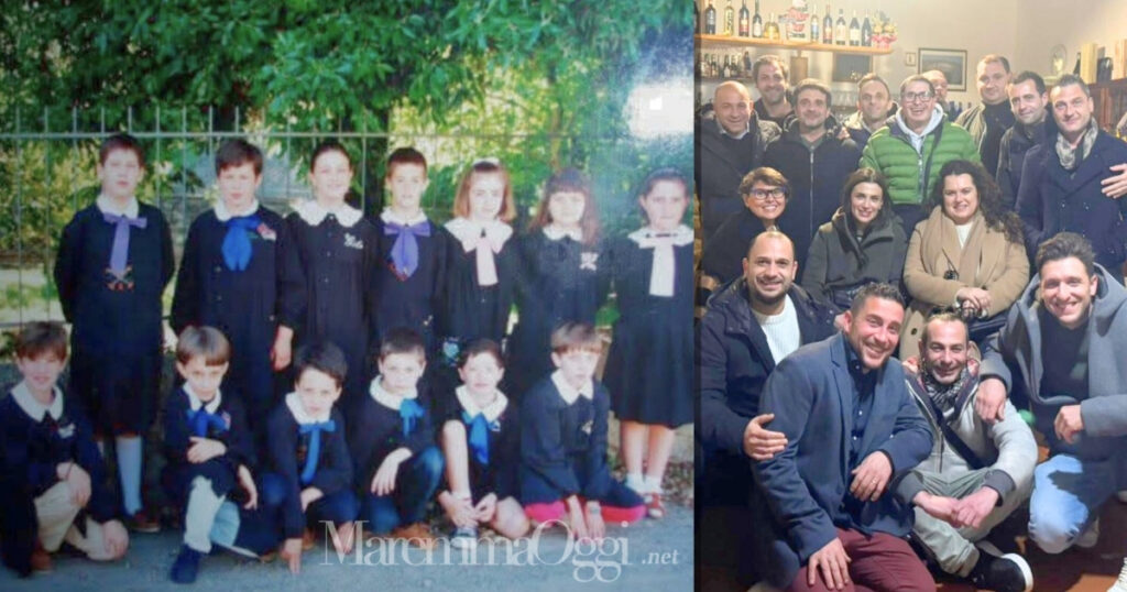 Una foto di qualche anno fa a scuola e gli stessi ragazzi a cena per la festa dei 40 anni