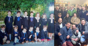 Una foto di qualche anno fa a scuola e gli stessi ragazzi a cena per la festa dei 40 anni