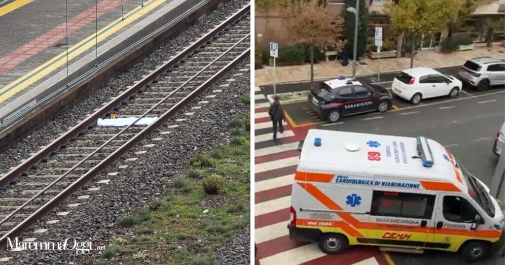 L'ambulanza e i carabinieri davanti alla stazione e la vittima coperta da un lenzuolo fra i binari