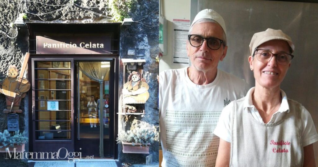 A sinistra l'ingresso del Panificio Celata e a sinistra Maurizio Manzini e Marinella Celata