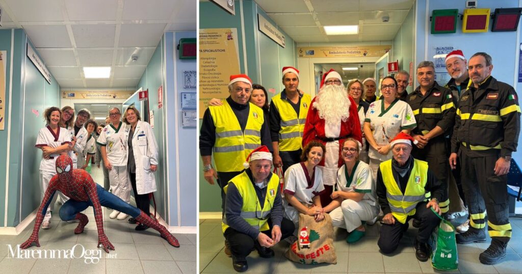 A sinistra Spiderman all'ospedale Misericordia e a destra i vigili del fuoco in pensione