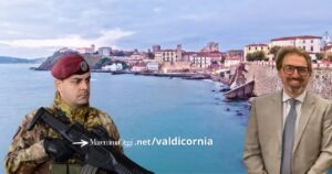 Una veduta di Piombino, un militare di Strade Sicure e l'assessore Ceccarelli