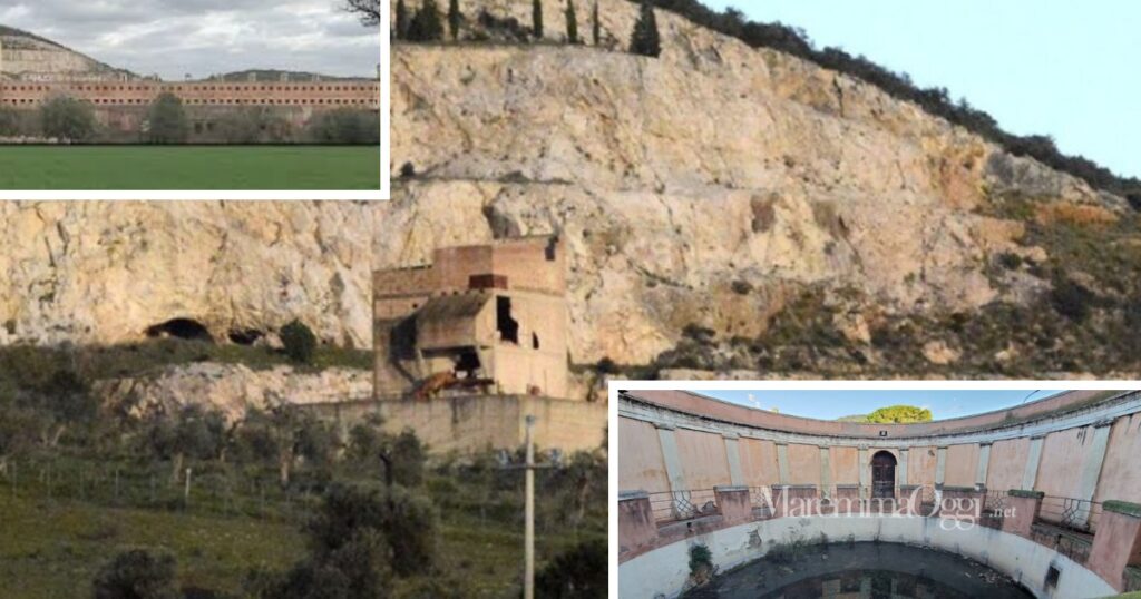 Nella foto grande l'ex Buca dei Lucchesi dove sta sorgendo il nuovo centro termale, in alto l'ecomostro, abbattuto nel 2018 e, in basso, le terme lepoldine