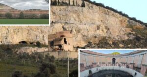 Nella foto grande l'ex Buca dei Lucchesi dove sta sorgendo il nuovo centro termale, in alto l'ecomostro, abbattuto nel 2018 e, in basso, le terme lepoldine