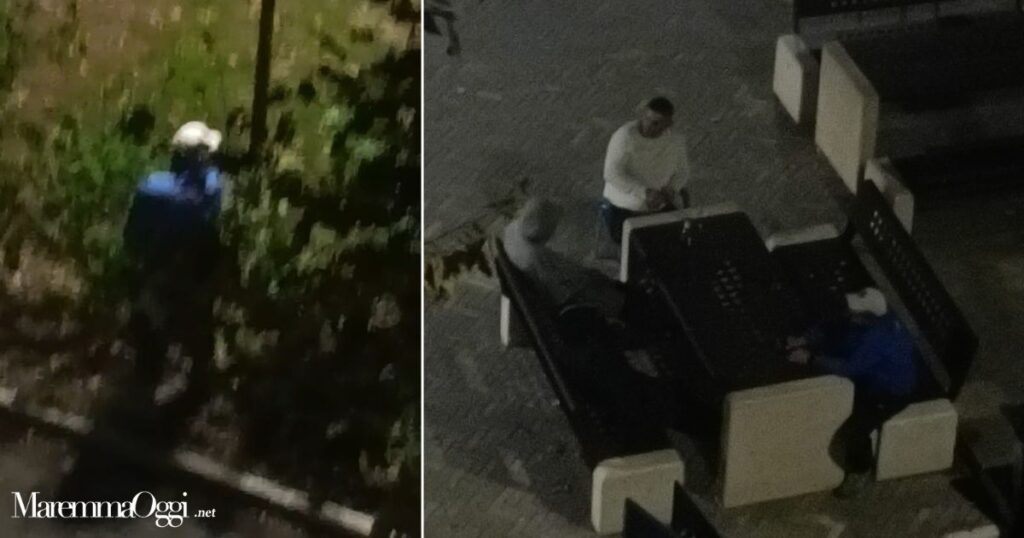 Nella prima foto un uomo che fa i propri bisogni nella siepe e nella seconda chi fa schiamazzi