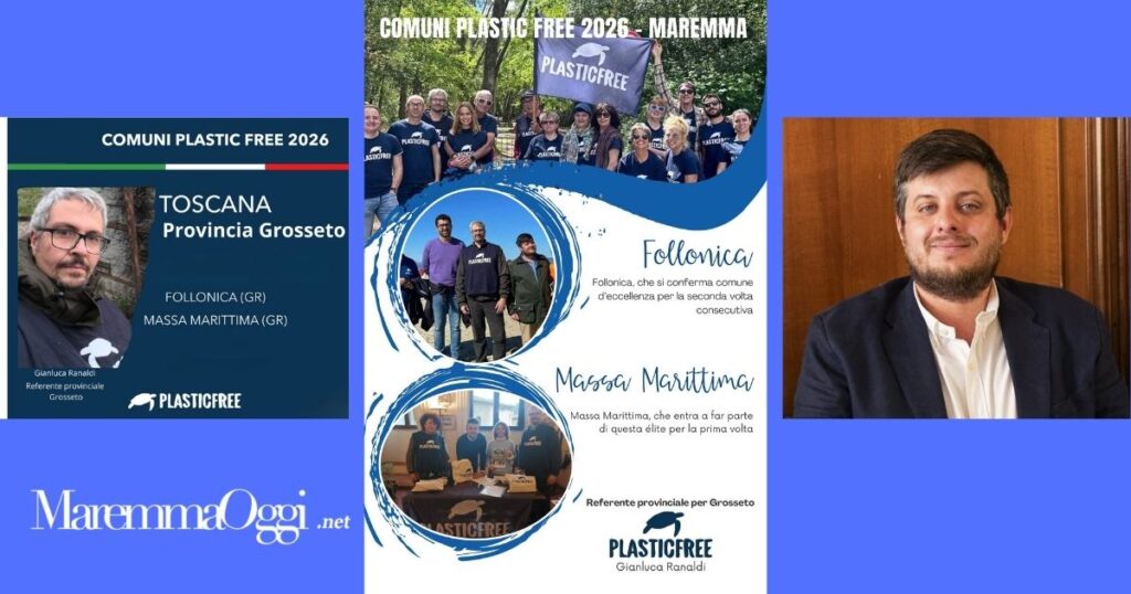 Al centro della foto la locandina ufficiale che celebra i due comuni della provincia, a sinistra Gianluca Ranaldi e a destra il vice sindaco di Follonica Danilo Baietti