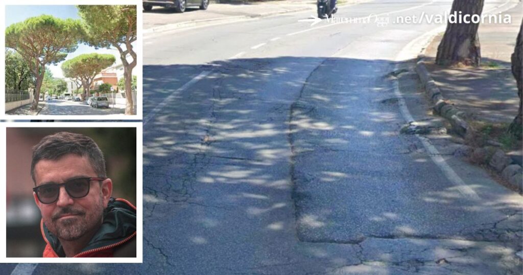Il manto stradale disconnesso in via Lungomare Marconi, nel riquadro Andrea Baldassarri