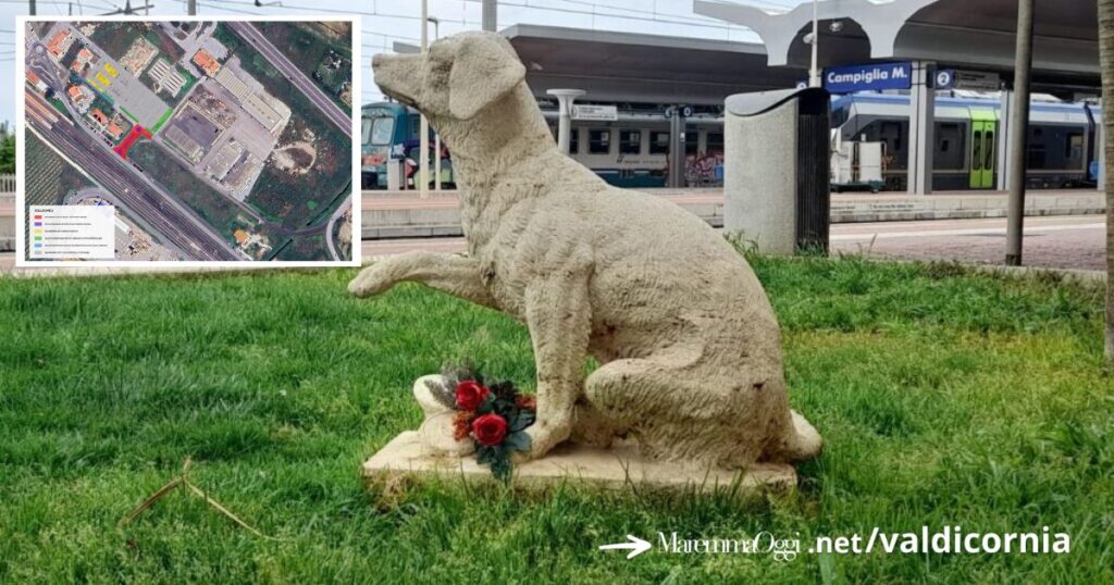 La statua del cane Lampo presso la stazione di Campiglia Marittima
