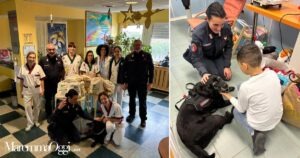 I carabinieri della biodiversità con Mora, il personale medico e infermieristico e i piccoli pazienti