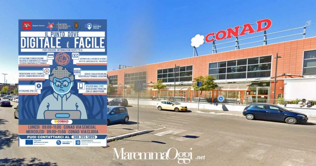 Il Conad di via Senegal e la locandina di “Punti digitale facile”