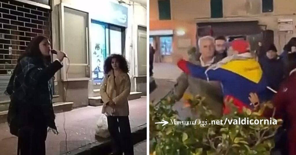 Morena mentre parla al microfono e un manifestante mentre si scaglia contro di lei