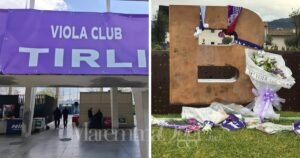 Il mazzo di fiori del Viola Club Tirli e lo striscione del club al Franchi