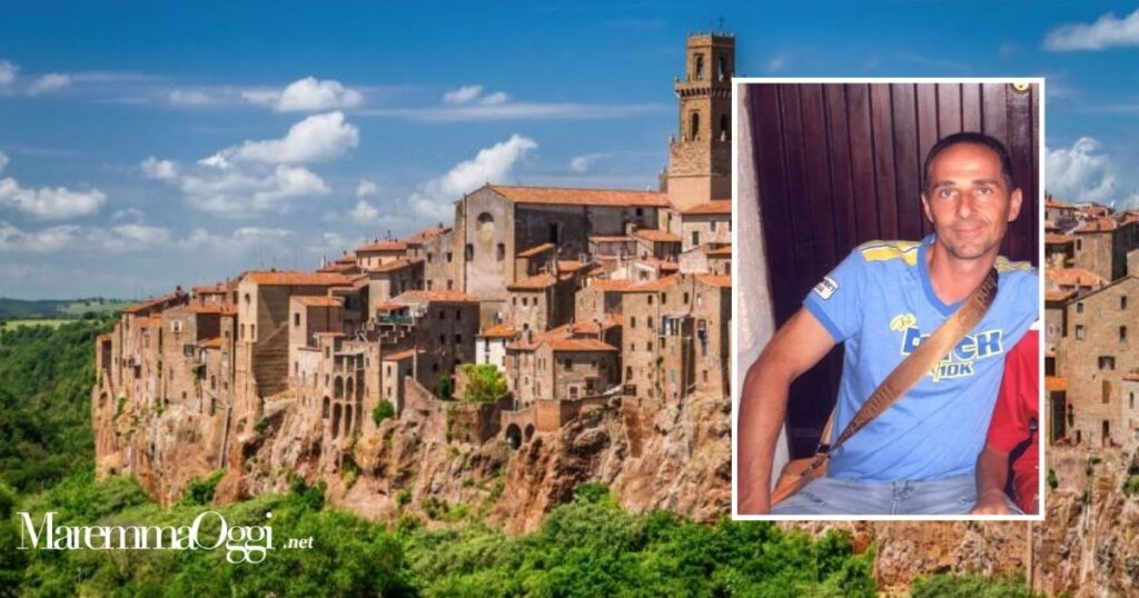 Una veduta di Pitigliano e nel riquadro Antonio Santarelli