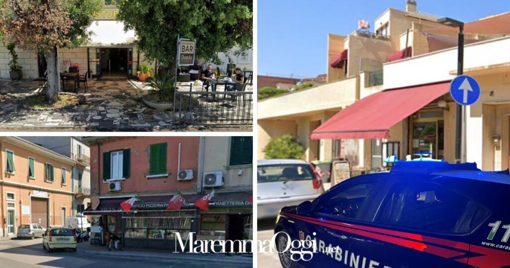 Alcune delle attività colpite e i carabinieri di Piombino