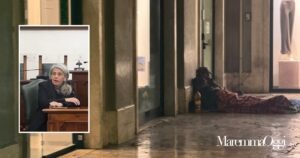 Un senzatetto e nel riquadro Carla Minacci