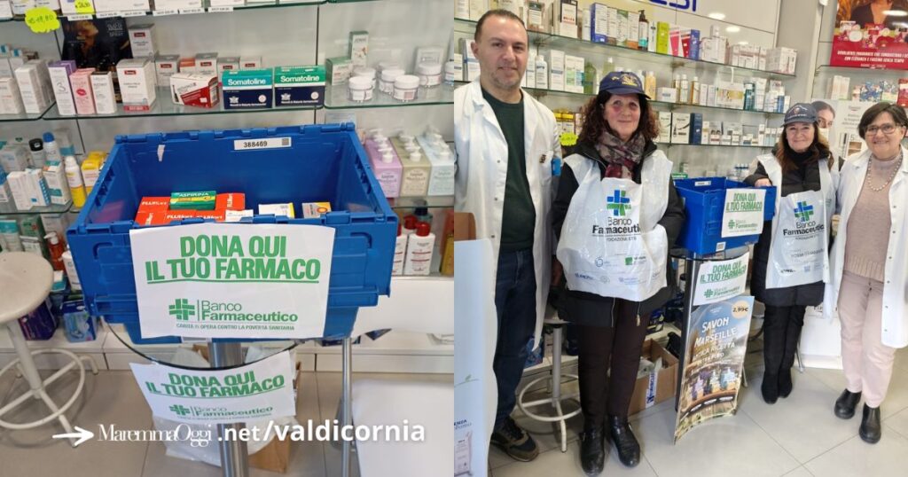 I farmacisti Marco Francia e Simona Brogi con le volontarie della San Vincenzo de Paoli per la raccolta dei farmaci