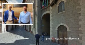 Il comune di Piombino, nel riquadro il sindaco Francesco Ferrari e l'assessore Marco Vita