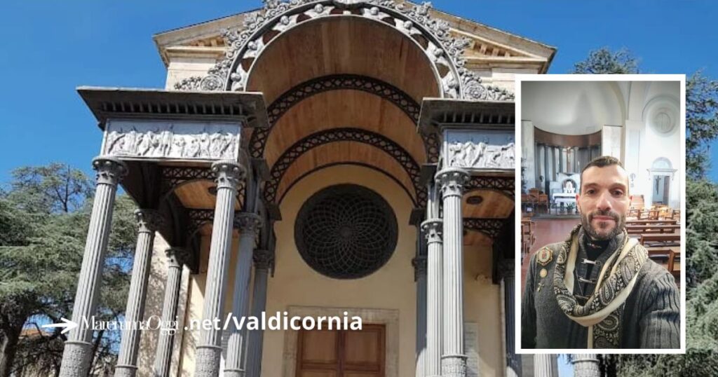 La chiesa di San Leopoldo a Follonica, nel riquadro il Conte della Daunia, Don Carlo Mammarella