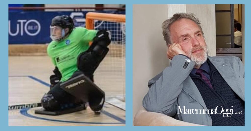 Nella foto, a sinistra il giocatore dell'hockey Follonica Alessandro Rubega; a destra Giuseppe Santucci