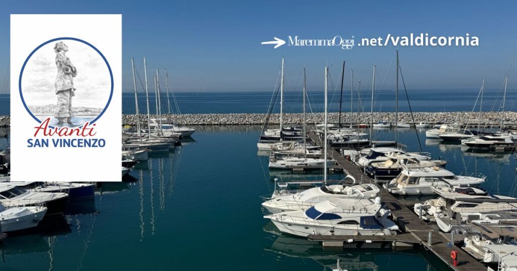 Una veduta del porto di San Vincenzo, nel riquadro il logo del nuovo gruppo Avanti San Vincenzo