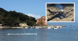 Uno scorcio di Baratti, nel riquadro il falò abusivo