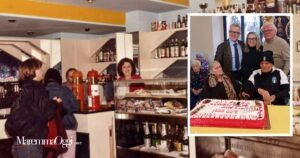 Una foto storica del Palm Beach, si vede Gigliola dietro al banco. Nel riquadro la festa per Aldo Biondi