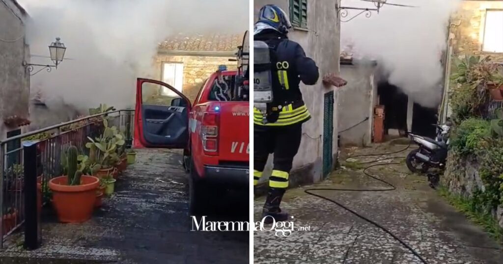 Due immagini dell'incendio nell'appartamento a Travale