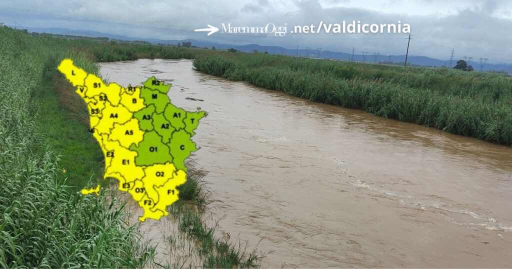 Il Cornia nella zona di Venturina, prosegue l'allerta meteo gialla