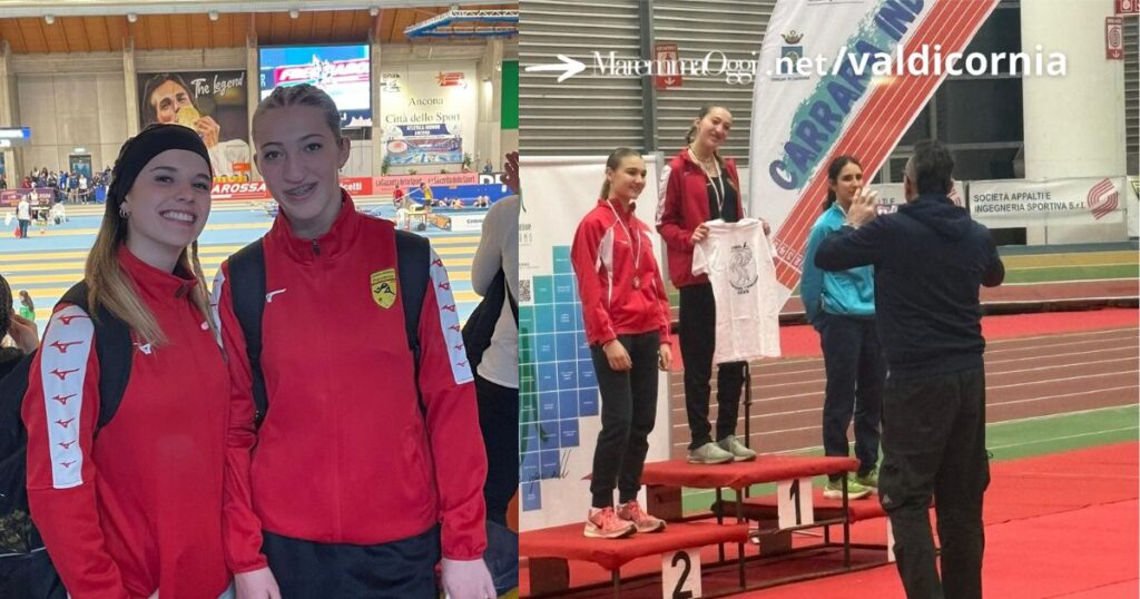 A sinistra Giulia Bianconi e Giada Regoli ad Ancona, a destra Giada Regoli in premiazione a Carrara