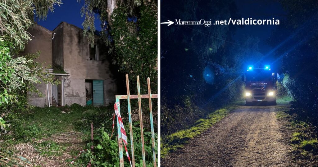 Il casolare abbandonato e il mezzo dei vigili del fuoco sul posto