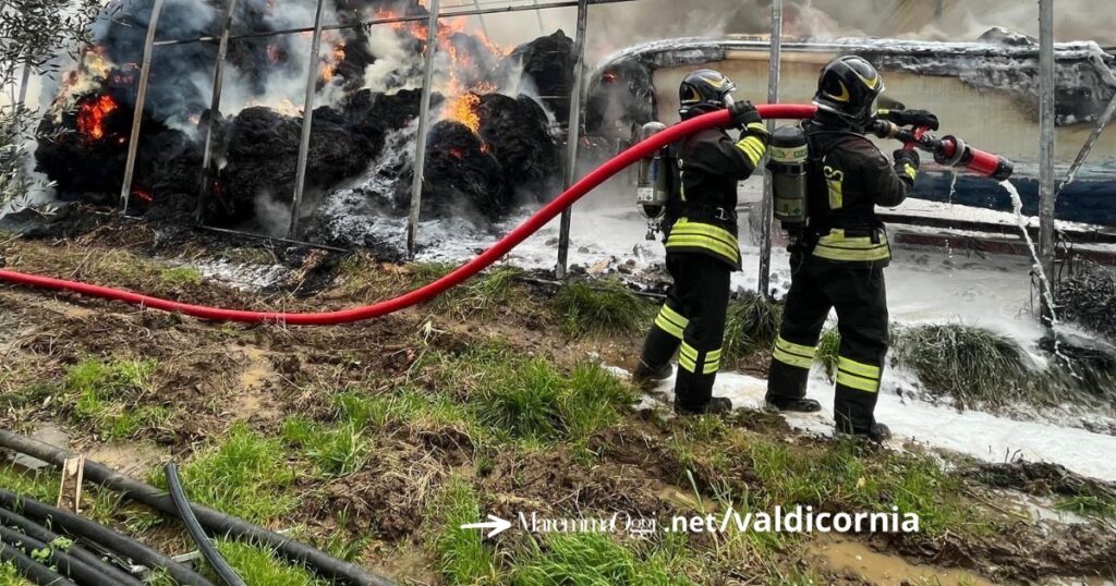 I vigili del fuoco impegnati a spegnere l'incendio