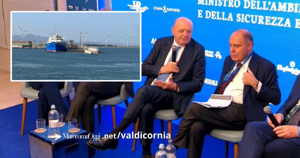 Il ministro Gilberto Fratin dialoga con Bruno Vespa a Saturnia, nel riquadro il rigassificatore di Piombino