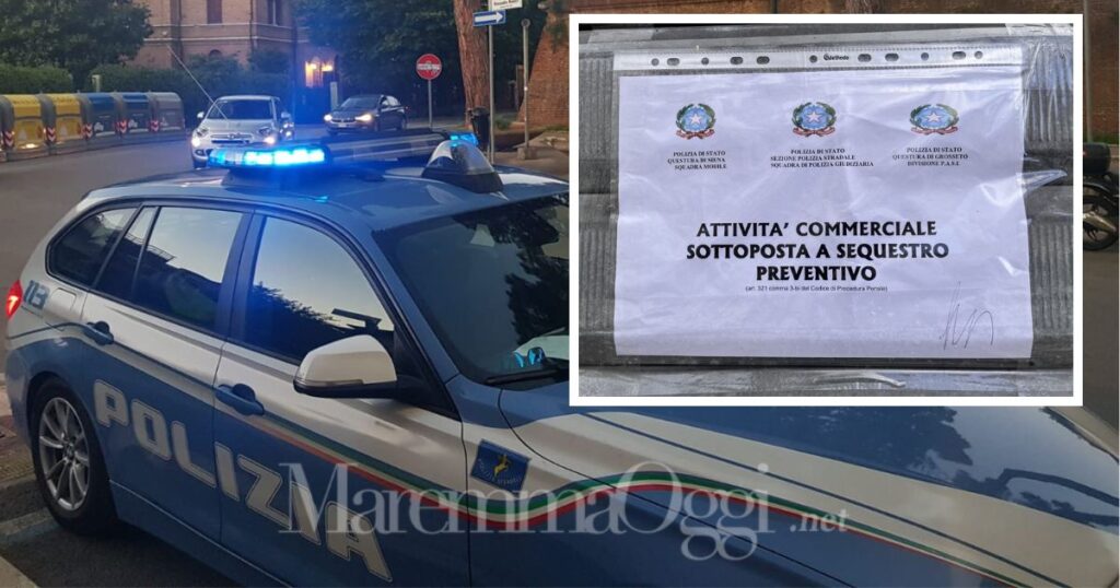 Un'auto della polizia e il Compro oro sequestrato