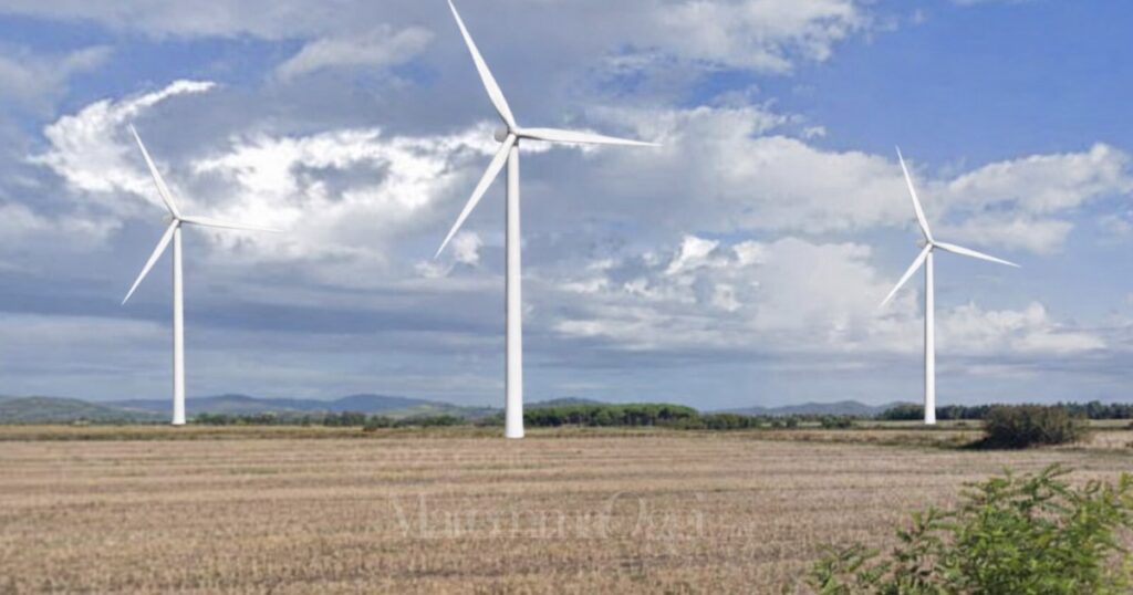 Un fotomontaggio della zona di San Donato con le pale eoliche alte 200 metri