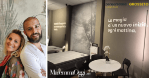 Arianna Cellesi e Daniele Boncioli insieme alla nuova area materassi del punto vendita grossetano di Pensarecasa