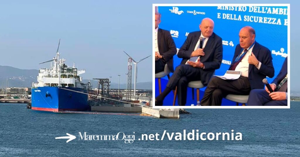 Il rigassificatore nel porto di Piombino e in alto il ministro Pichetto Fratin con Bruno Vespa a Saturnia