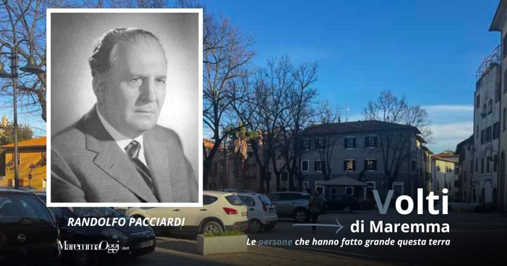La piazza dedicata da Grosseto a Randolfo Pacciardi e un'immagine del politico nato a Giuncarico
