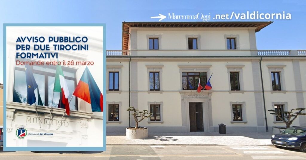 Il municipio di San Vincenzo, nel riquadro la locandina dell'avviso pubblico