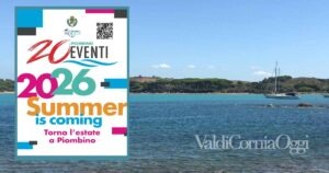 La locandina di 20 Eventi, sullo sfondo una veduta del Golfo di Baratti
