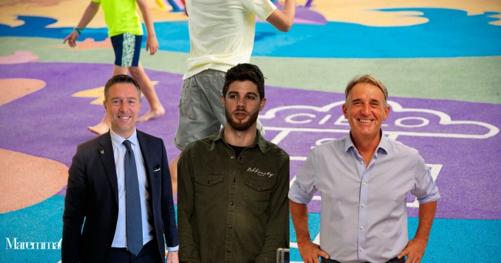 Alcuni bambini che giocano e da sinistra: Fabrizio Rossi, Gabriele Macrì e Marco Simiani