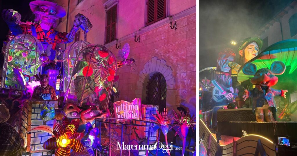 A sinistra il carro di Albinia, vincitore del 2026, a destra quello di Stazione, arrivato secondo