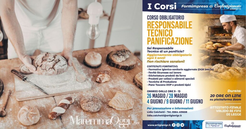 Un fornaio mentre lavora (foto d'archivio) e la locandina del corso di Confartigianato
