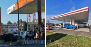 A sinistra il distributore Conad di via Bulgaria, a destra Grifo Carburanti