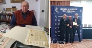 Enzo Carducci con la benemerenza, a destra la premiazione con Abete e Gravina della Figc