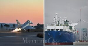 Un Eurofighter al decollo a Grosseto e il rigassificatore di Piombino